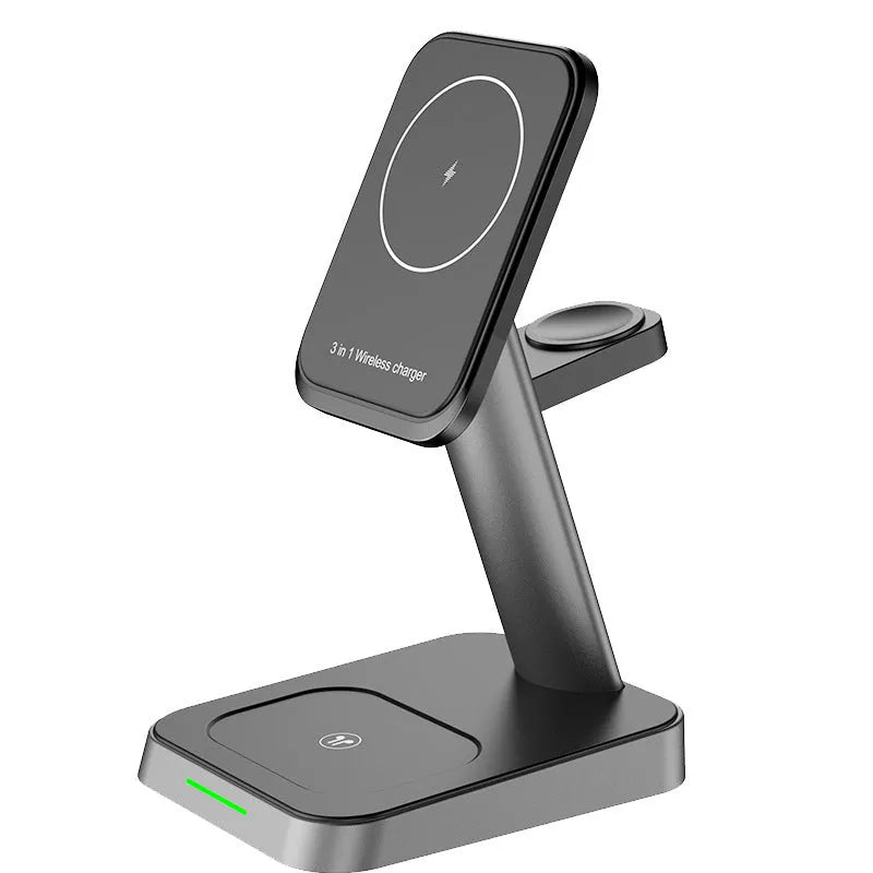 Black cube wireless charger with vertical phone charging and integrated watch charging pad