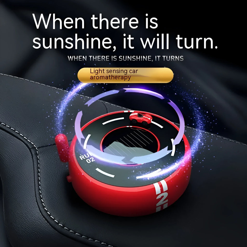 Round solar-powered car air freshener and decorative light in black, red or white modern design