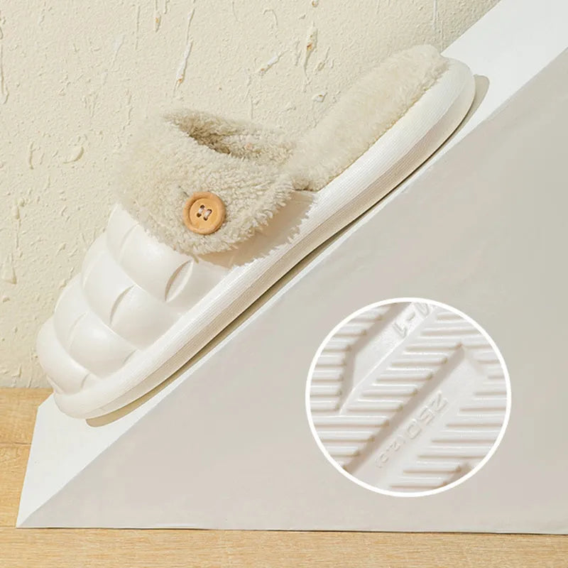 Plaid detachable slippers showing EVA construction and plush lining in pink, green, yellow, white, grey, or black.