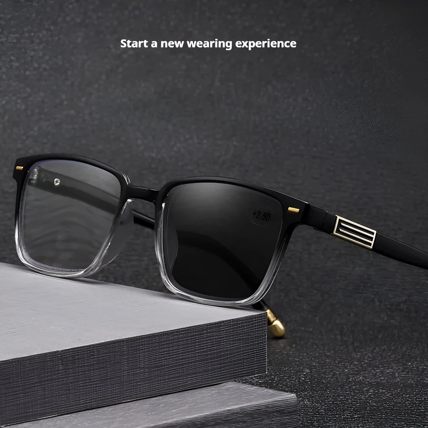 Multifocal reading glasses with photochromic blue light filtering lenses in various frame styles
