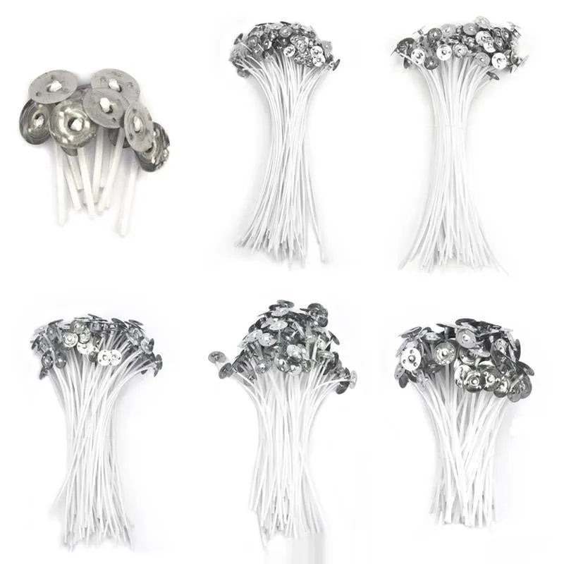 White cotton candle wicks for DIY candle making in lengths 2.6cm, 6cm, and 8cm.