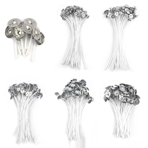White cotton candle wicks for DIY candle making in lengths 2.6cm, 6cm, and 8cm.