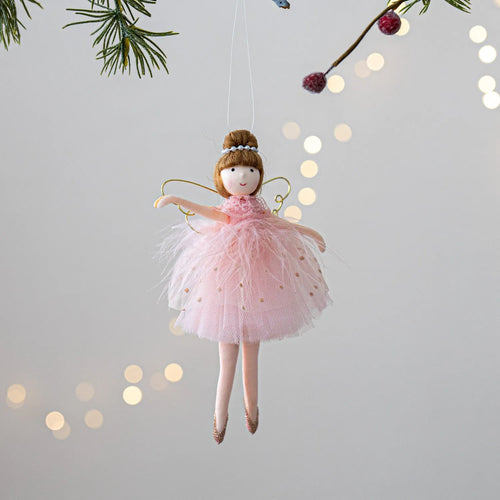 Pink and white cloth plush ballet girl angel doll pendant charm on a bag.