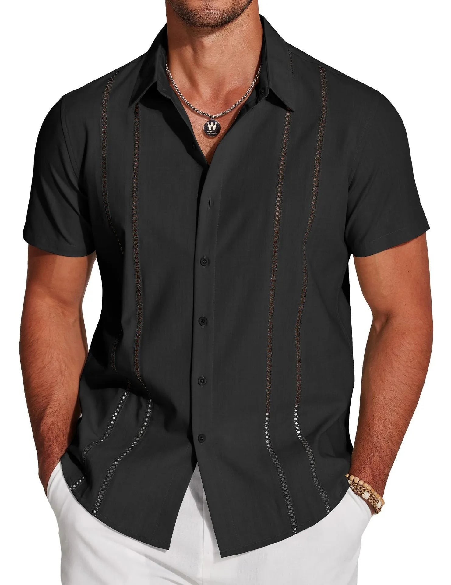 Men's slim fit short sleeve Hawaiian shirt with digital print pattern in elastic polyester fabric