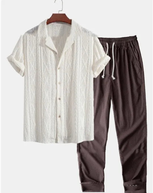 Men's loose fit short sleeve shirt and trousers summer suit in milk silk polyester fabric.