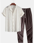Men's loose fit short sleeve shirt and trousers summer suit in milk silk polyester fabric.