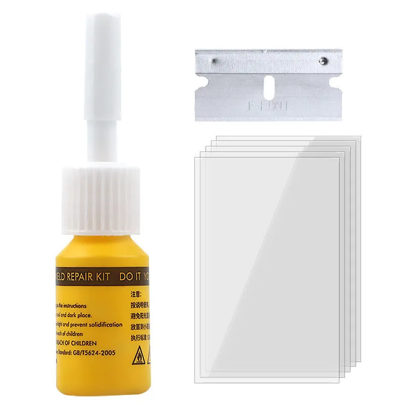 Yellow car windscreen repair kit with three pieces including UV curing resin and injection tools
