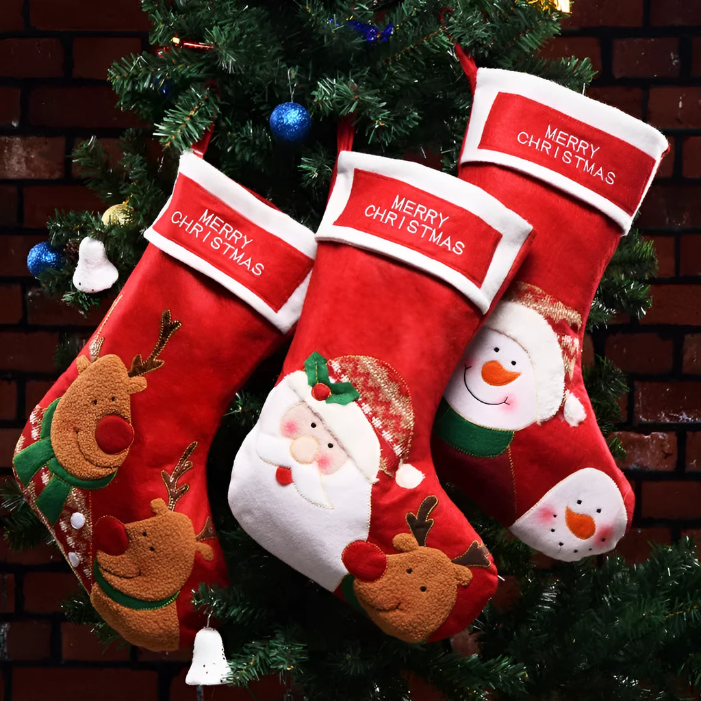 Non-woven fabric Christmas stocking ornament with elk, elderly man, and snowman folk art designs.