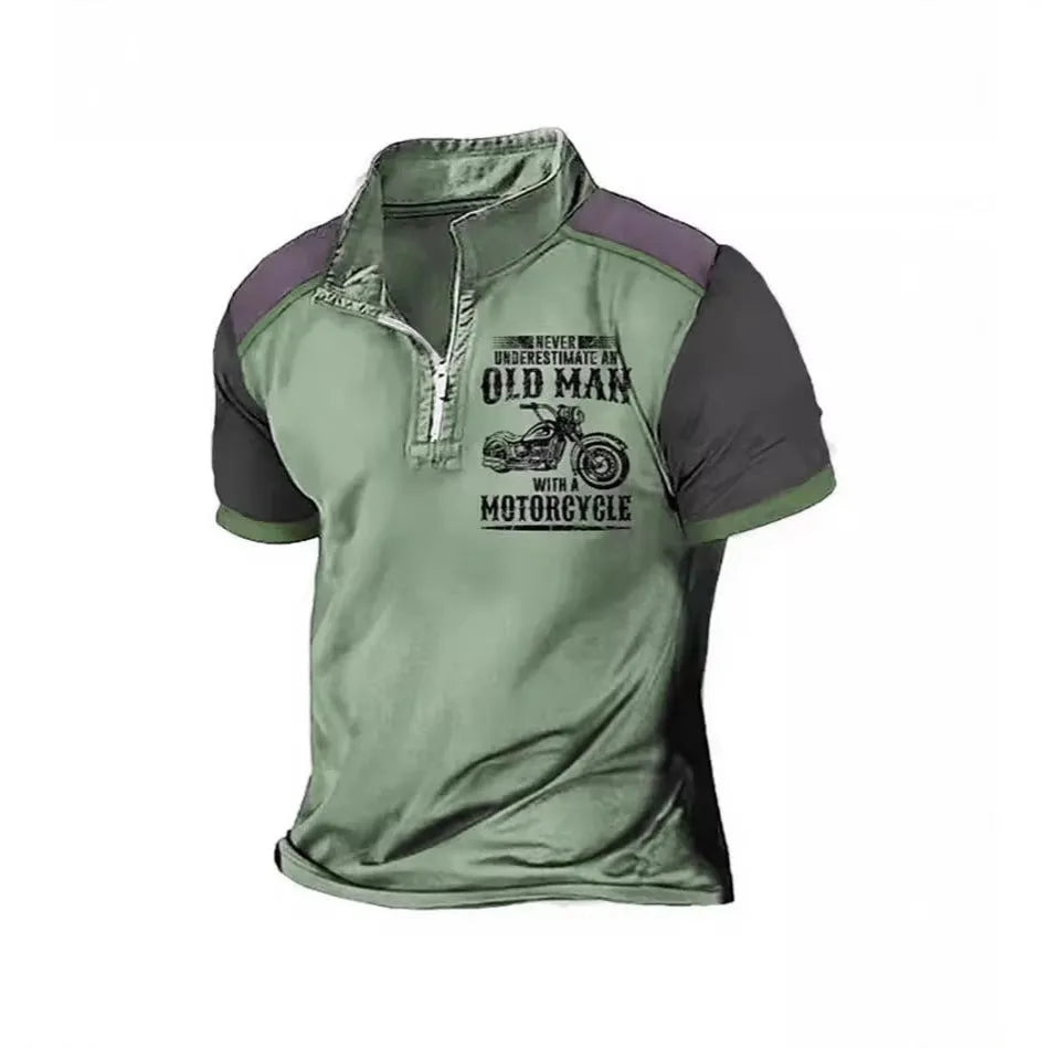Men's casual polo shirt with digital letter print, lapel collar, and decorative zipper details on short sleeves.
