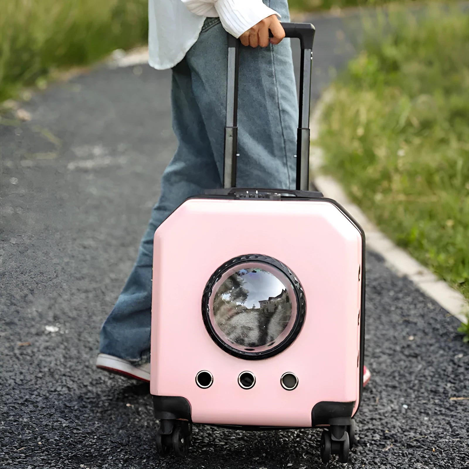 Hard-sided orange PVC pet flight case on wheels with a luggage compartment.