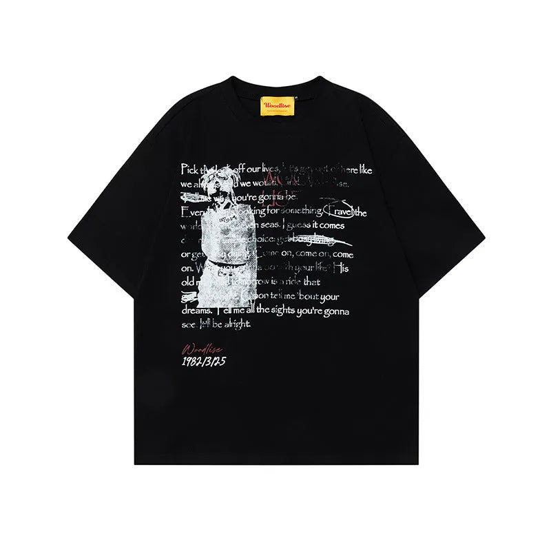 Men's black retro style pure cotton t-shirt with letter printing and loose fit