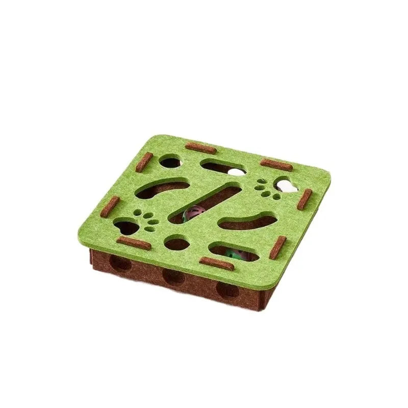 Handmade felt cat toy box with hole for paw interaction in camel white, gray, or green brown