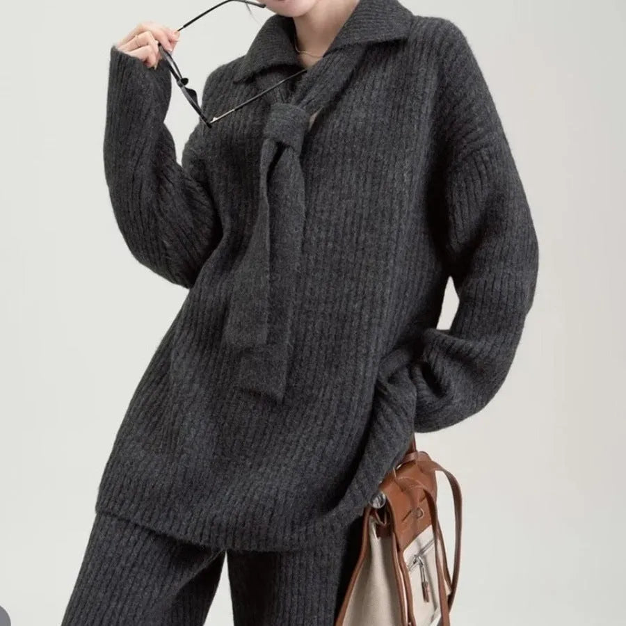 Sweater suit two-piece set featuring knit top and casual trousers in imitation cashmere fabric