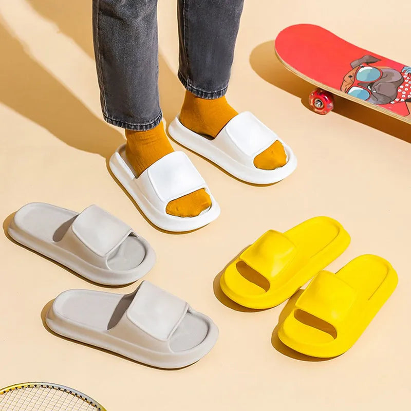 Soft EVA flip-flop slippers with a thick sole, shown in multiple colour options.