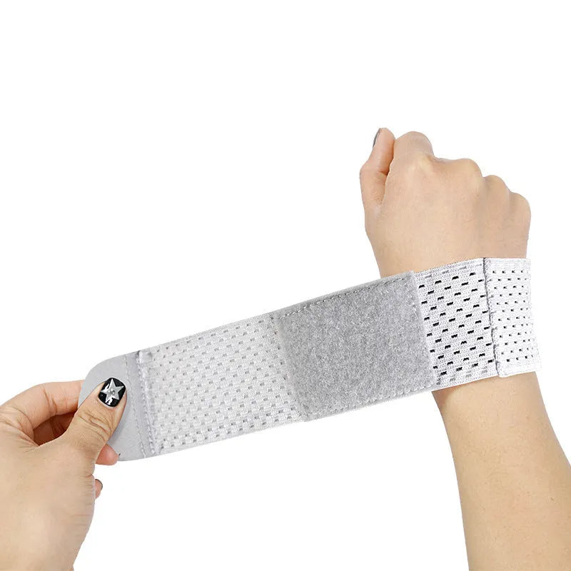 High elastic breathable athletic wristguard for gym and fitness support, shown in black, grey, and pink colour options.