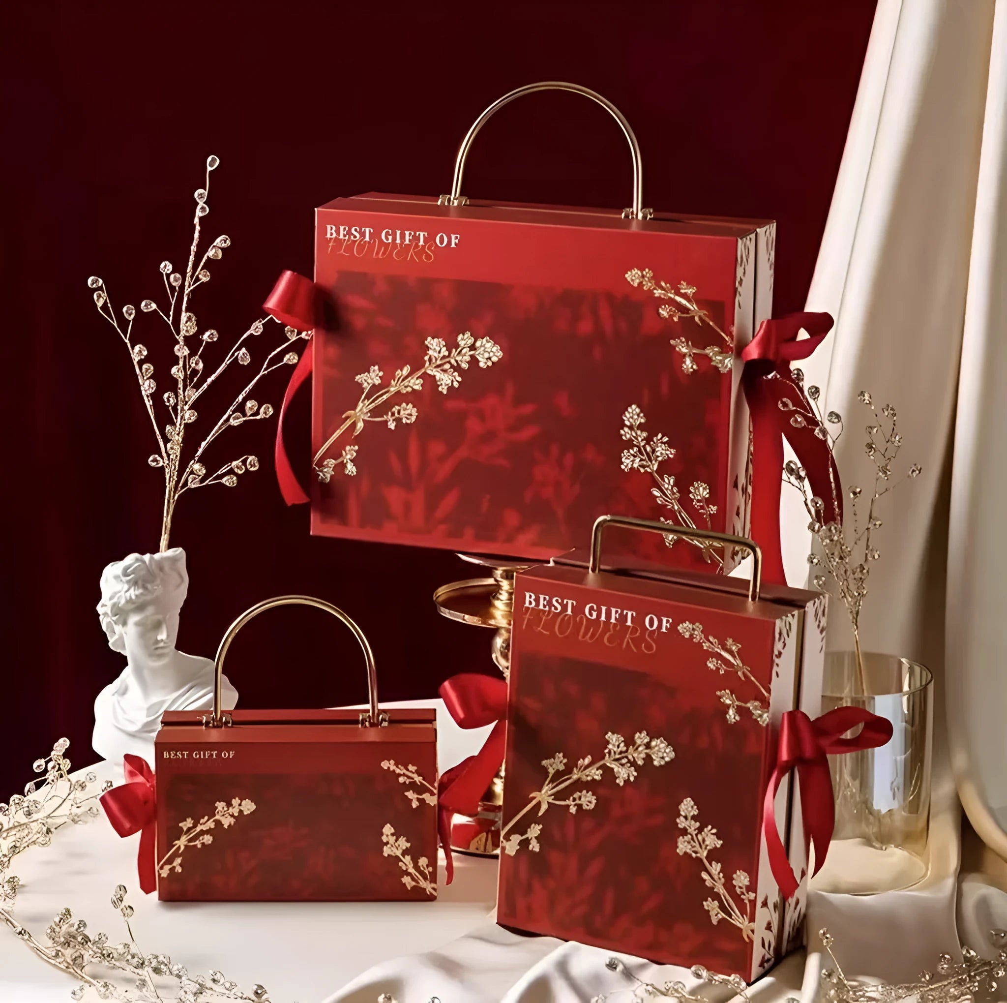 Paper cardboard gift box in champagne gold for pajamas marriage engagement with decorative string lights