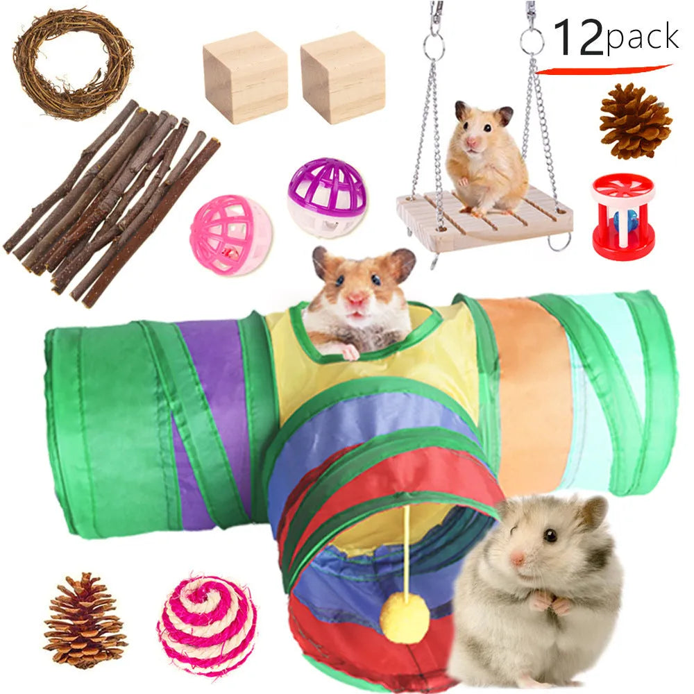 Assortment of wooden pet toys for rabbits guinea pigs and parrots in a set