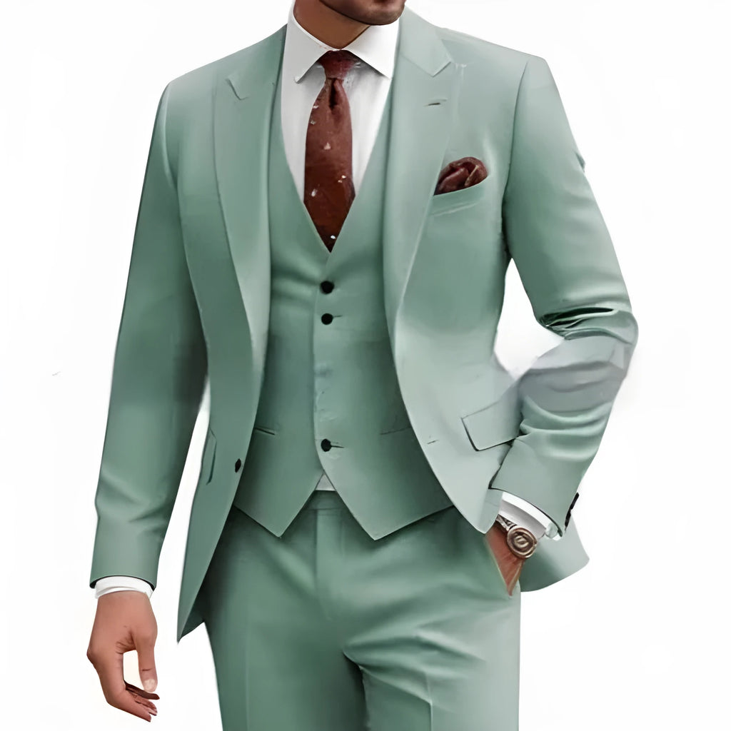 Men's slim fit three-piece suit in a bright red colour, featuring a jacket, waistcoat, and trousers.
