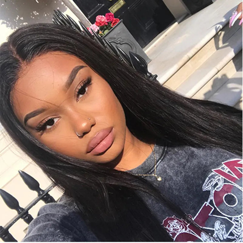 Women's long straight black wig with centre-parted bangs made from high-temperature fibre