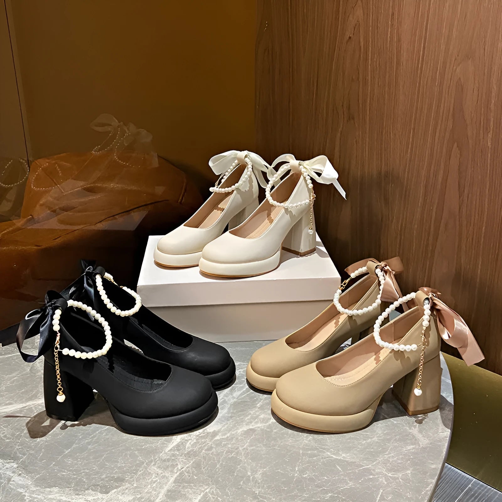 Women's Mary Jane shoes with ankle-strap buckle and chunky heel in beige, black, or milk tea colour