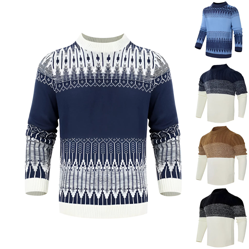 Men's cotton blend knitted pullover sweater in crew neck style with long sleeves