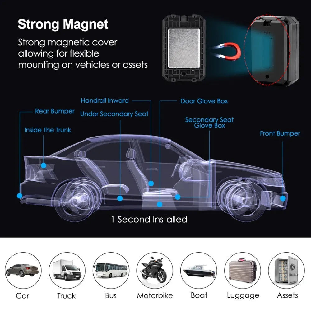 Black GPS car locator with 6000mAh battery showing IP65 waterproof rating and ceramic antenna