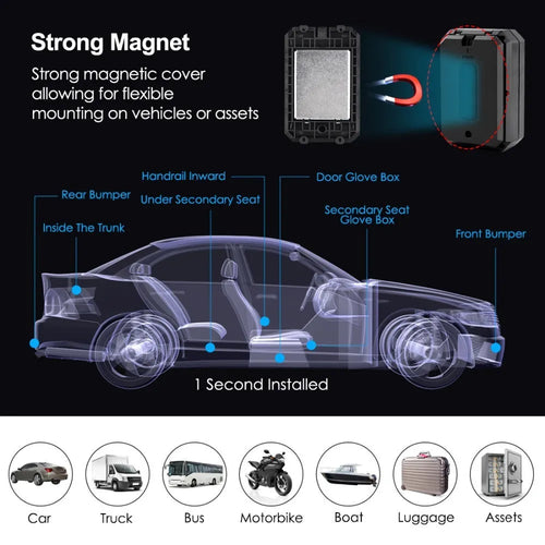 Black GPS car locator with 6000mAh battery showing IP65 waterproof rating and ceramic antenna