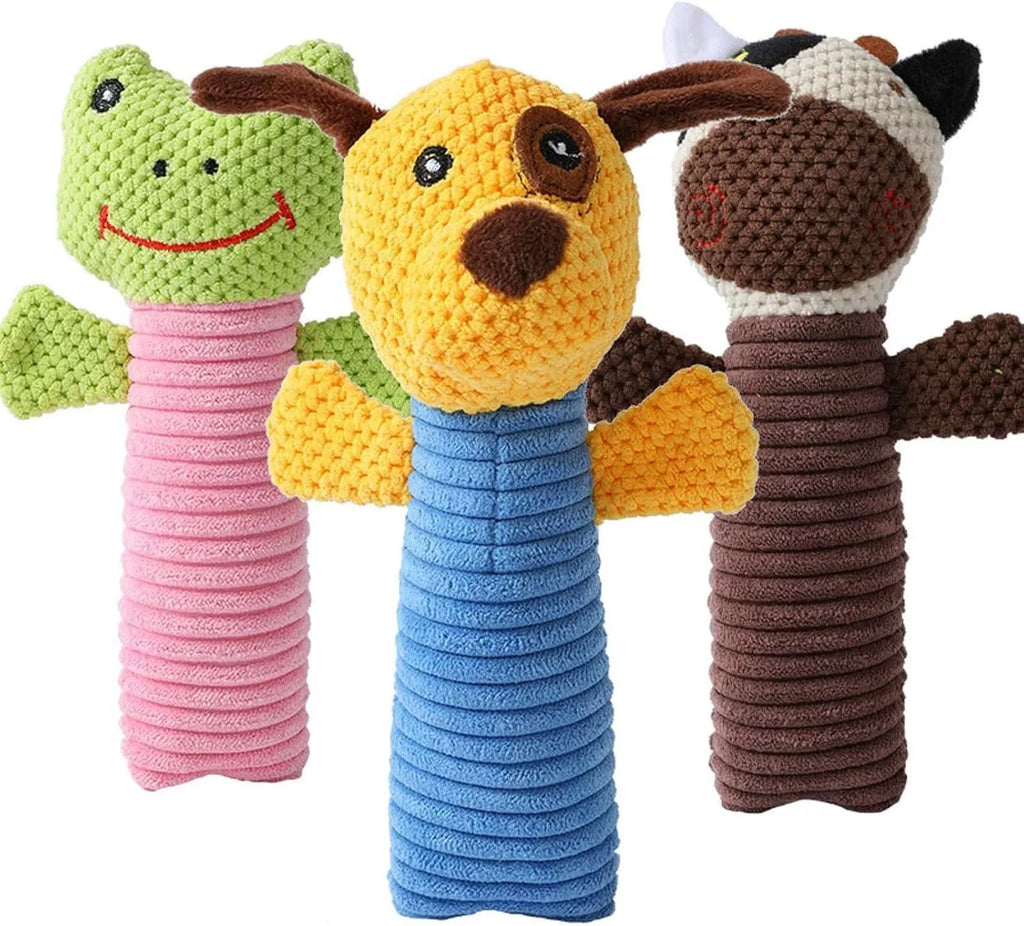 Squeaky stuffed dog chew toy in animal design for dental cleaning and teething relief
