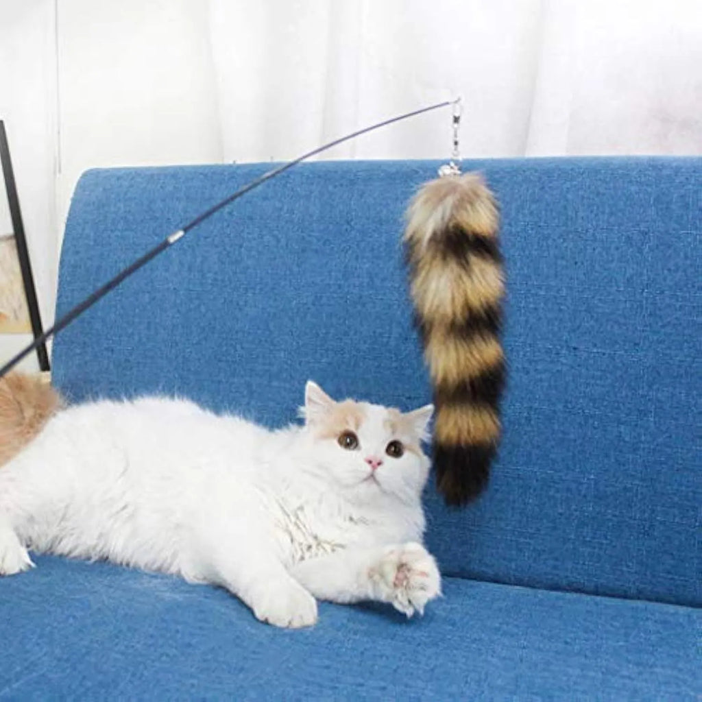 Black cat toy wand with 42cm handle, elastic string, and feather attachment for interactive play