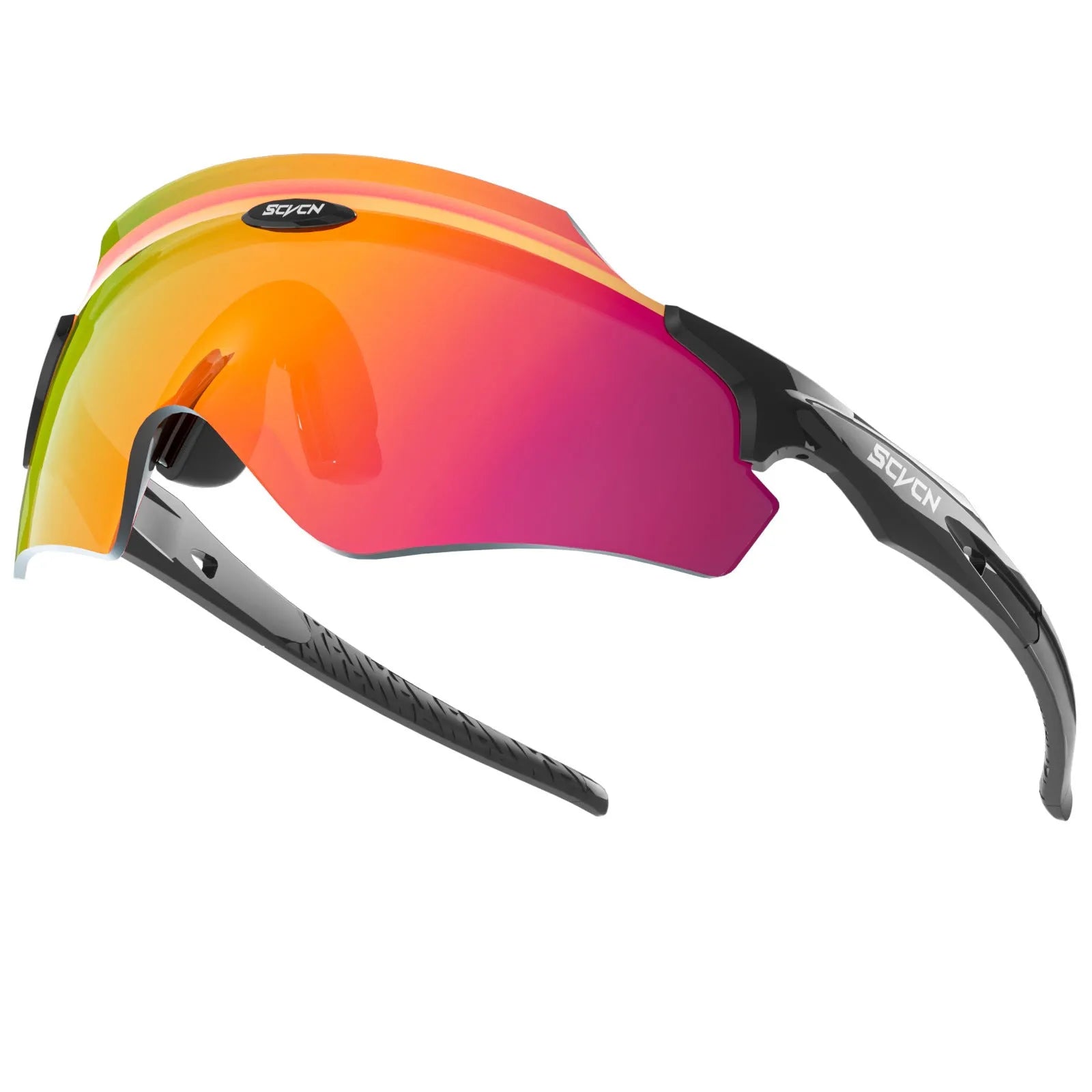 Frameless windproof sports goggles with a colourful integrated lens, shown in multiple style colours.