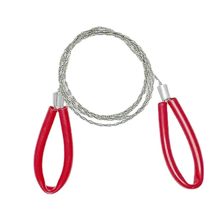 German stainless steel survival wire saw coiled up, showing its four-strand construction and compact size.
