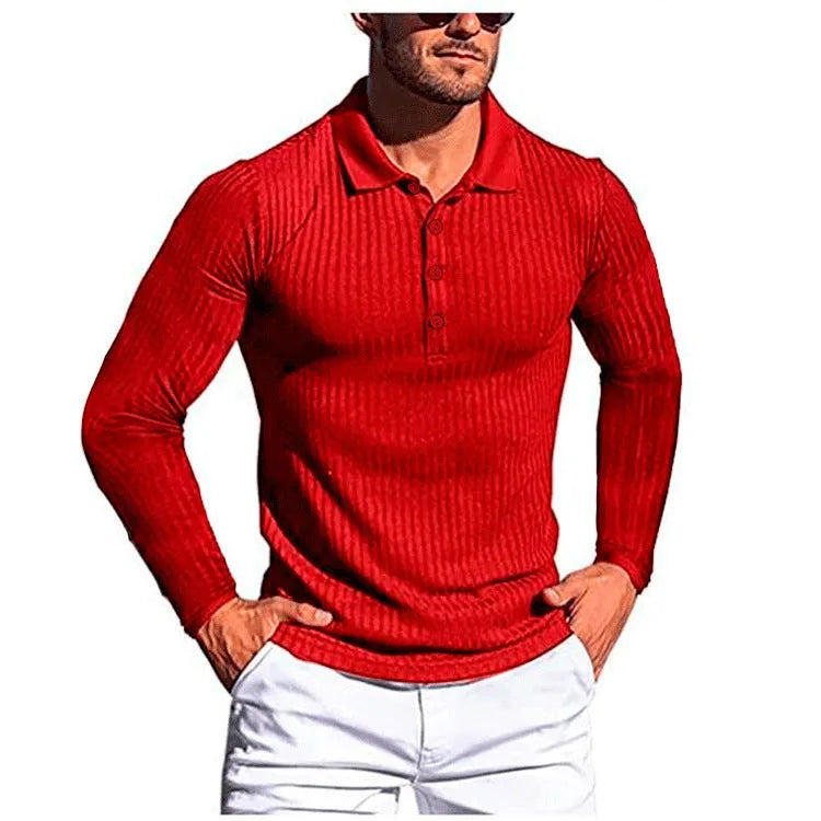 Man wearing a loose-fitting, striped, short-sleeve polyester shirt in a neutral colour.