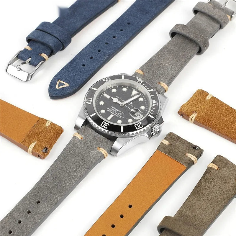 Brown suede genuine leather watch strap with exotic ethnic style design on a 20mm watch lug.