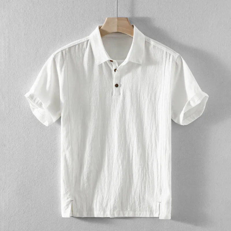 Men's loose fit cotton and linen shirt in solid colour options like navy blue and milky white for leisure wear