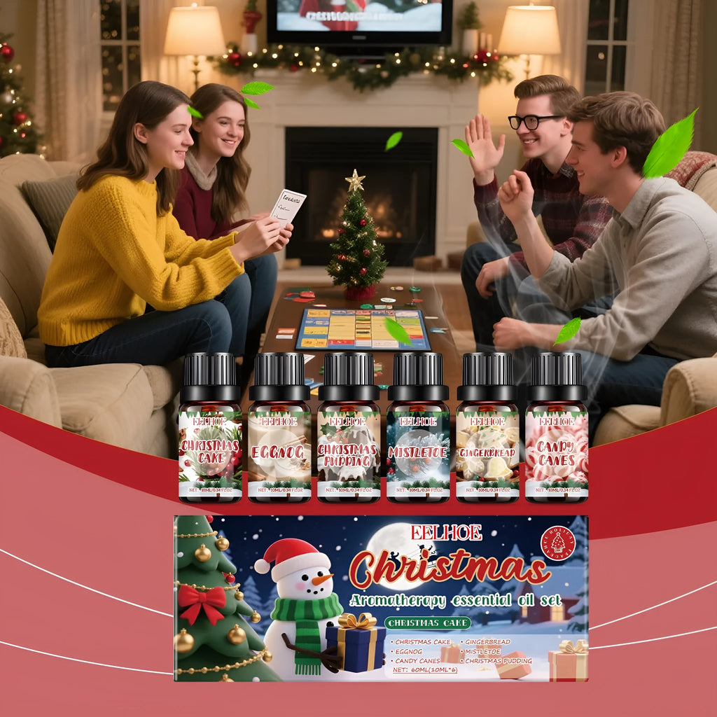 Christmas aromatherapy oil suite showing six 10ml bottles for home fragrance and air freshening