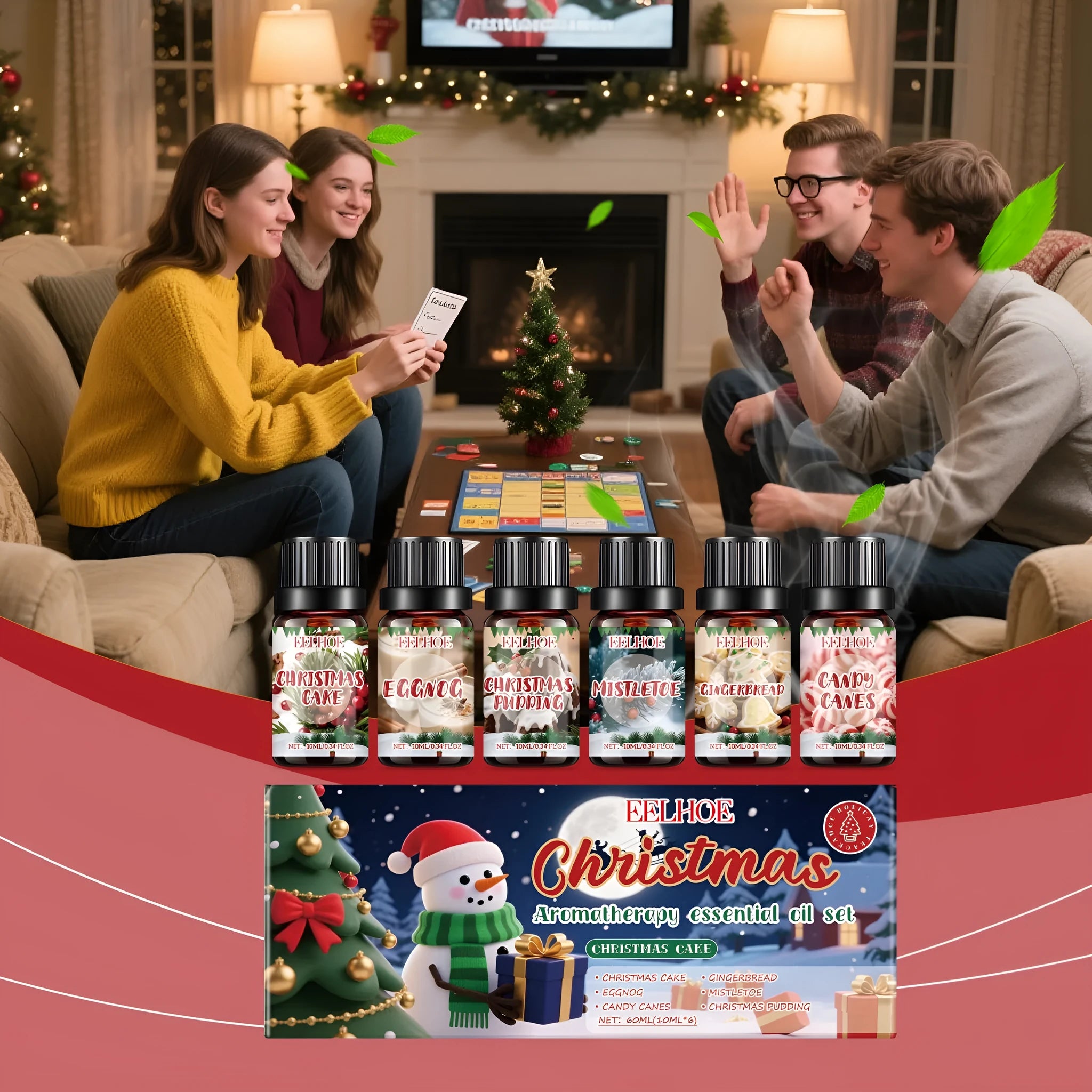 Christmas aromatherapy oil suite showing six 10ml bottles for home fragrance and air freshening