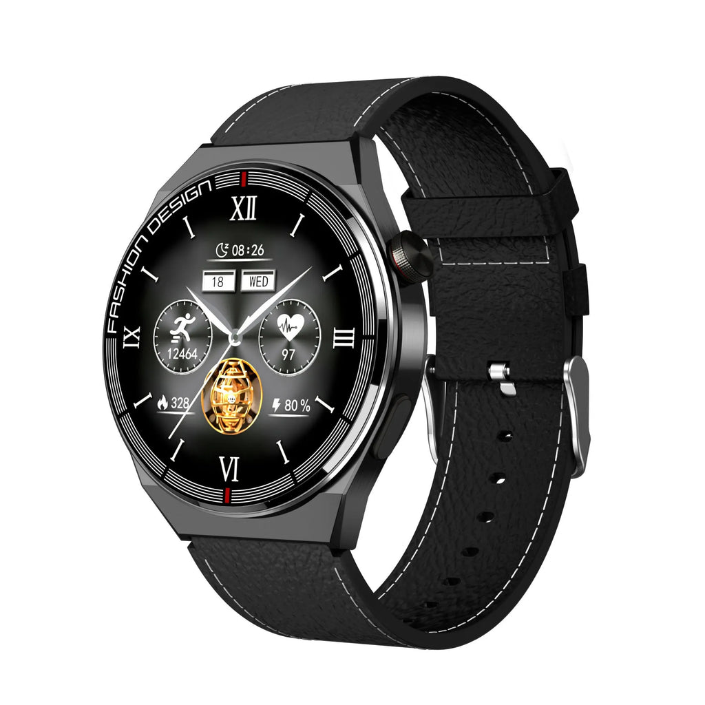 Black smartwatch with 1.28-inch screen showing health metrics on silicone strap