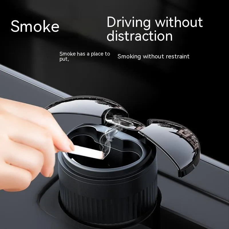 Metal smart car ashtray with automatic lid in black, showing compact 113mm x 72mm size.