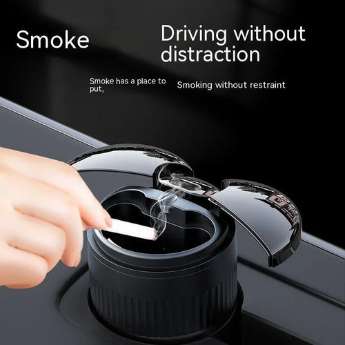 Metal smart car ashtray with automatic lid in black, showing compact 113mm x 72mm size.