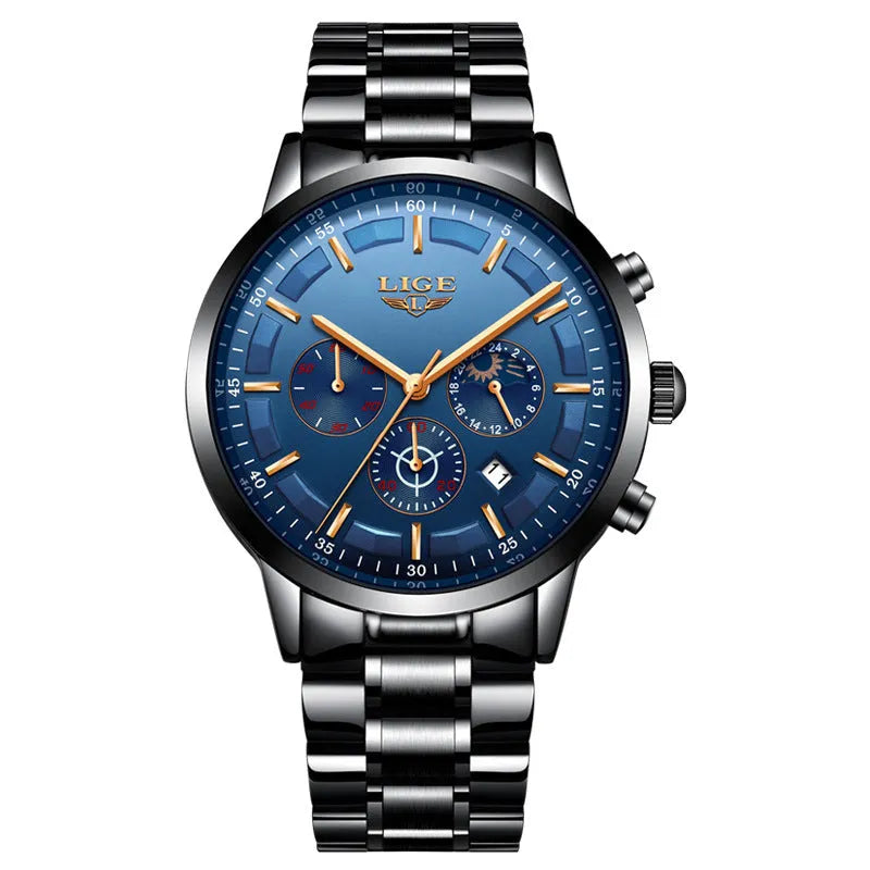 Men's black and rose gold waterproof quartz sports watch on wrist