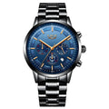 Men's black and rose gold waterproof quartz sports watch on wrist