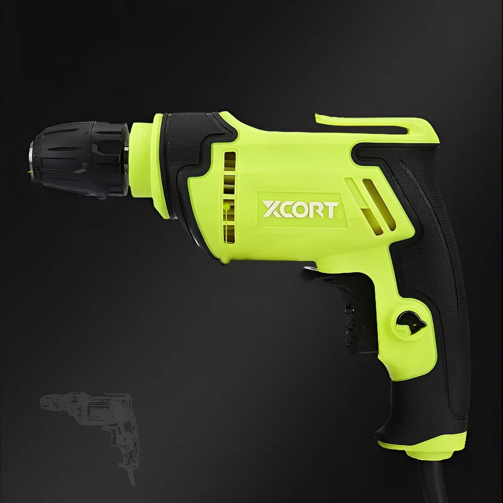 450W pistol grip electric drill with 10mm chuck on a workbench.