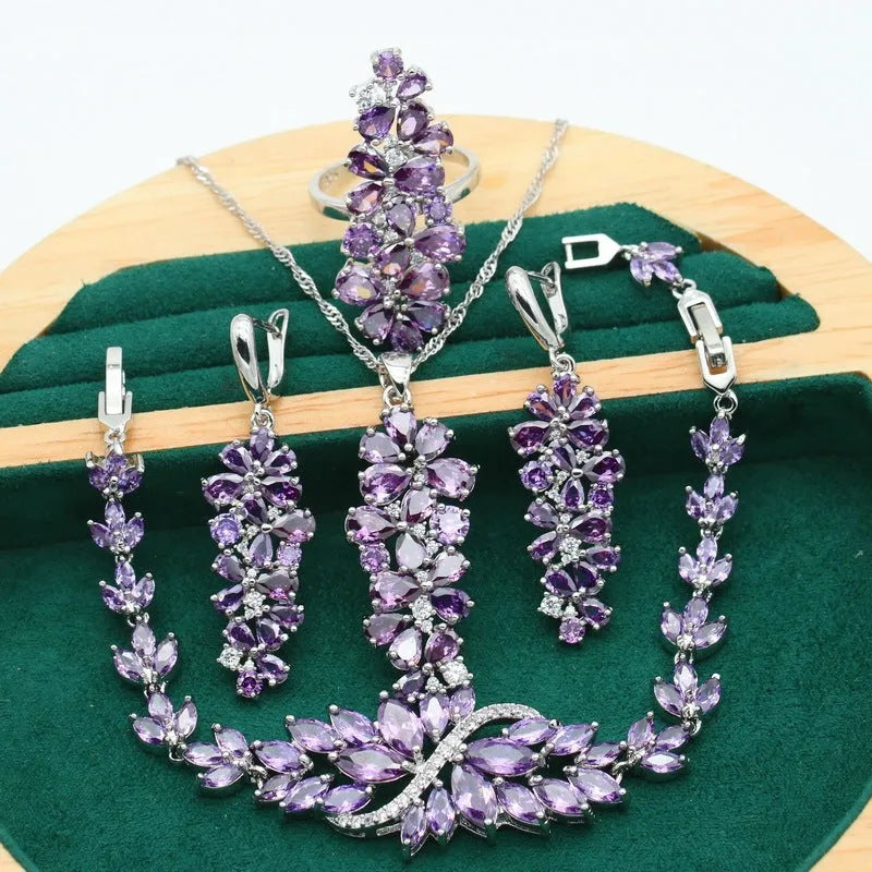 Copper inlaid zircon retro jewellery set with floral pattern including necklace, earrings, ring and bracelet