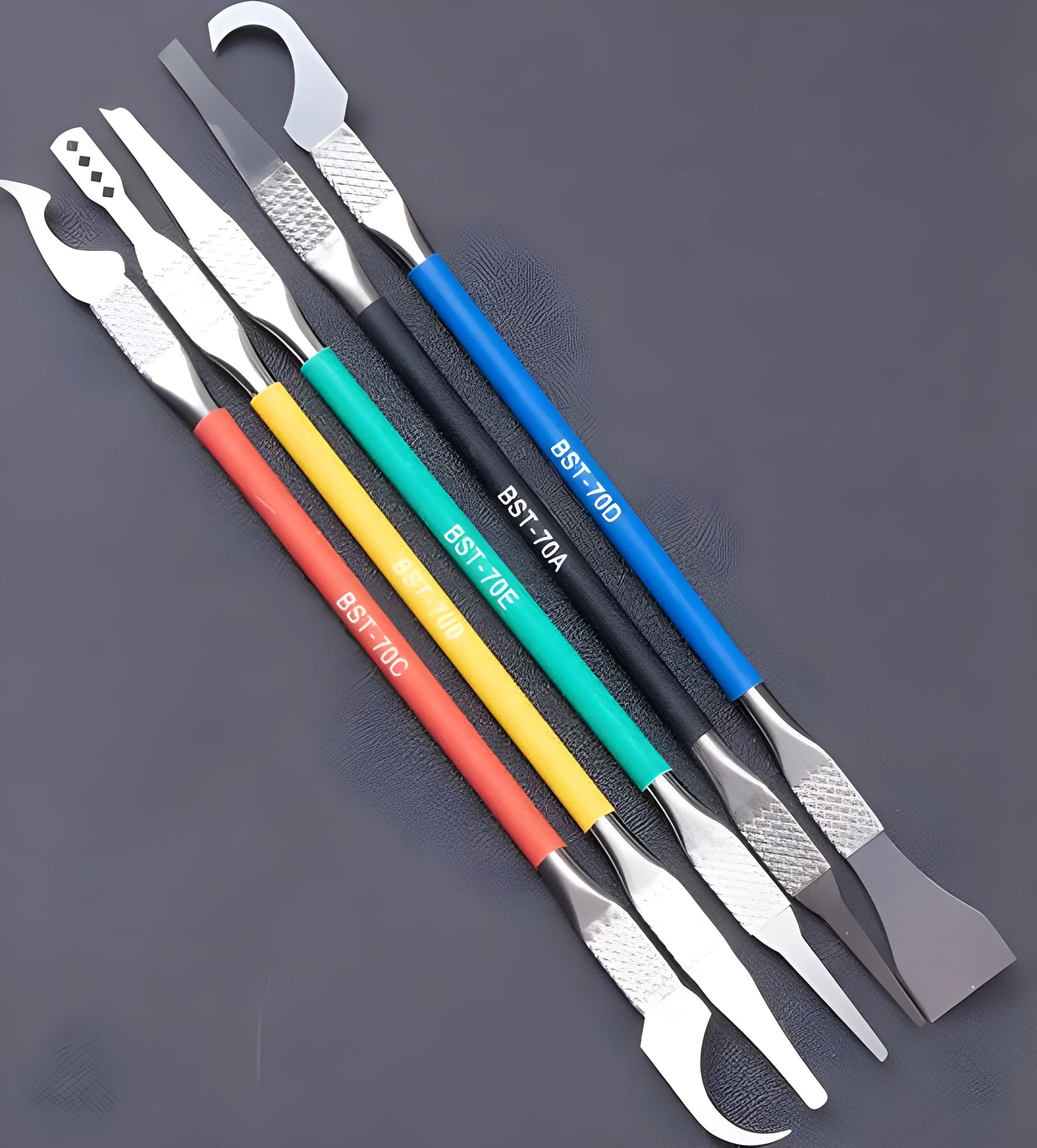 Five-piece plastic tool knife disassembly kit with stainless steel crowbar and precision blades