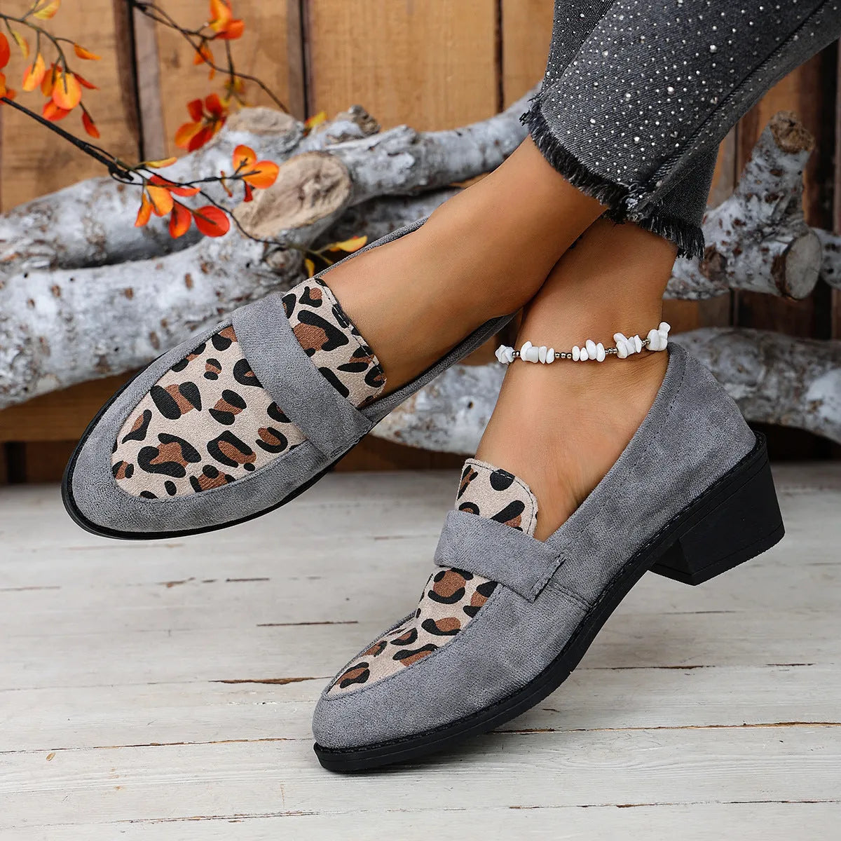 Leopard print slip-on suede pumps with chunky mid-heel in three colour options