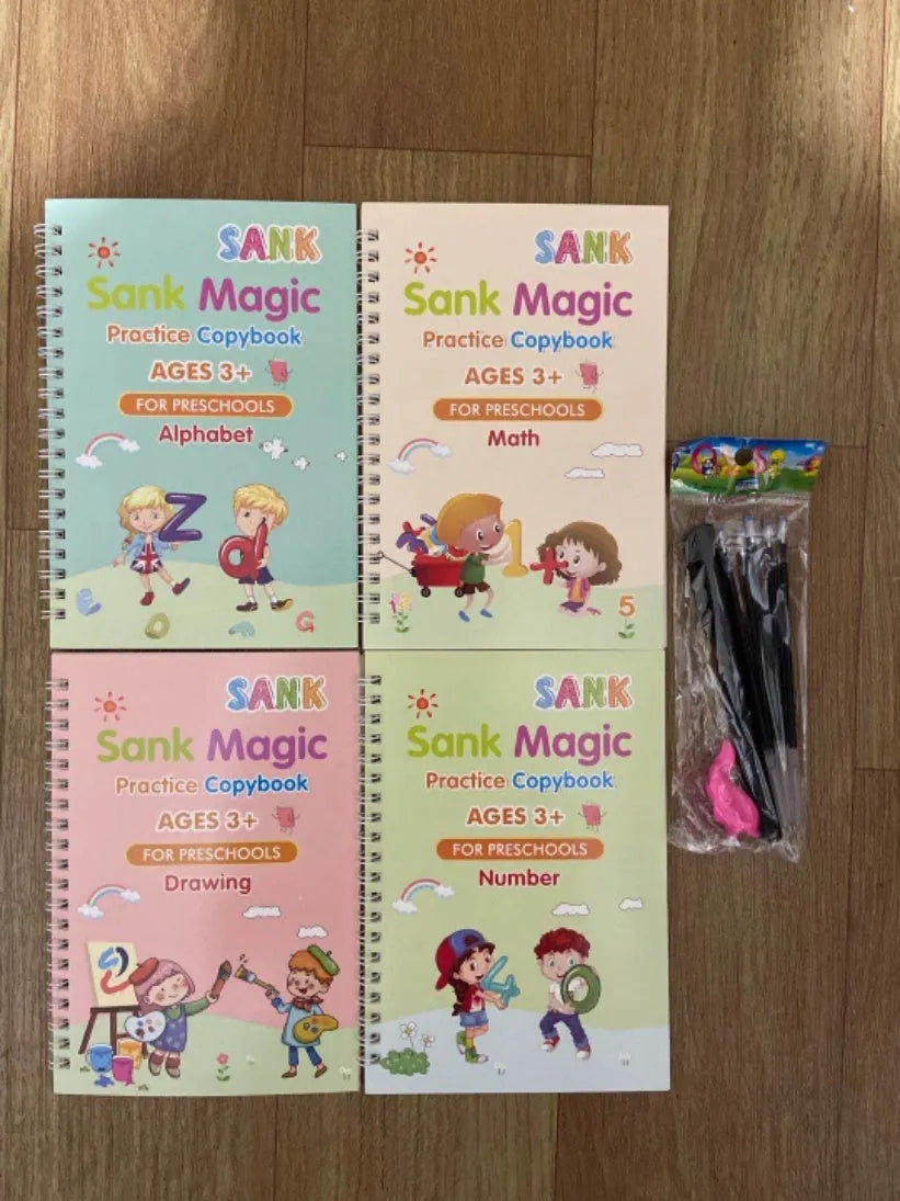 Four magic calligraphy copybooks with stylus pen for children's handwriting practice