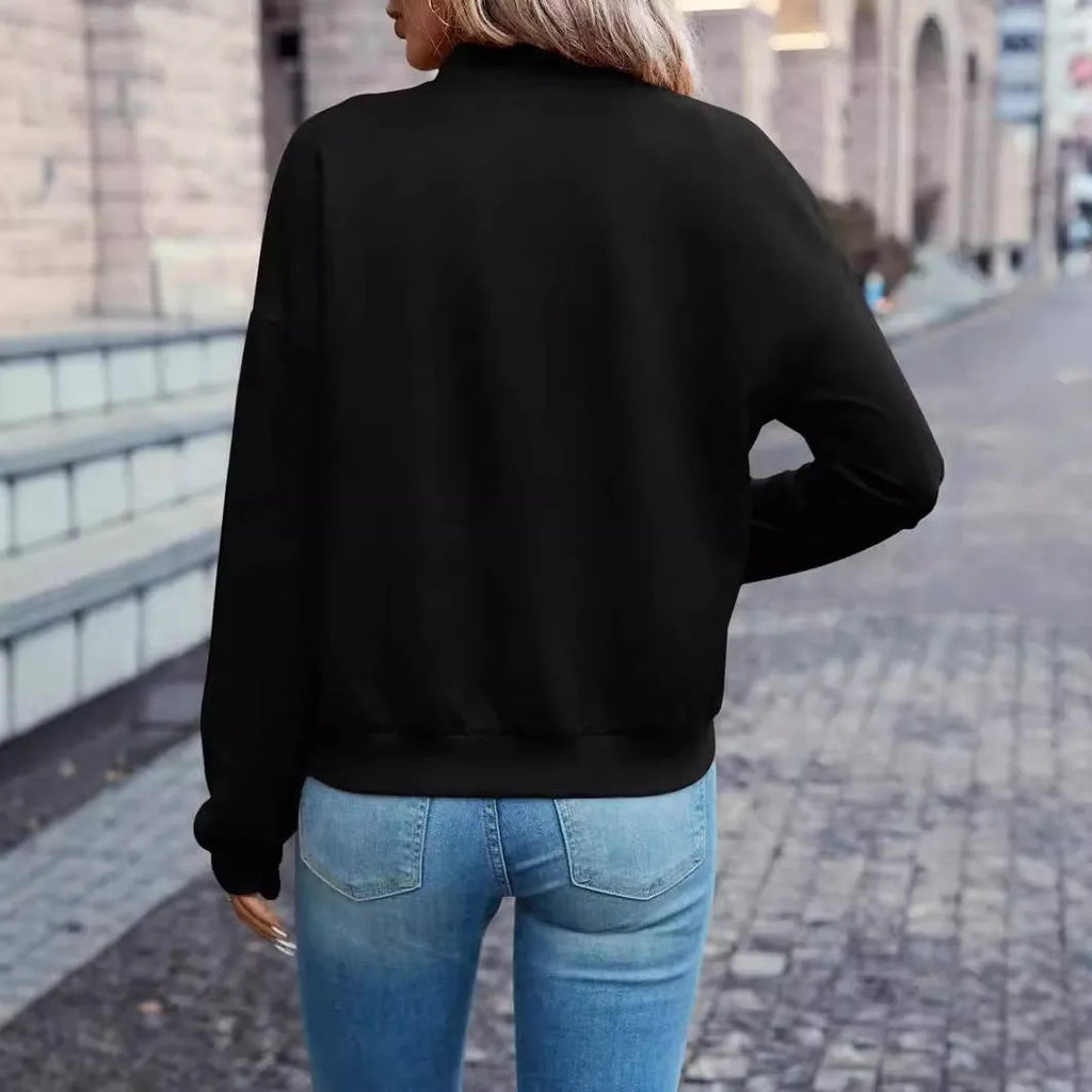 Black women's long sleeve casual zip jacket with a faux pocket detail