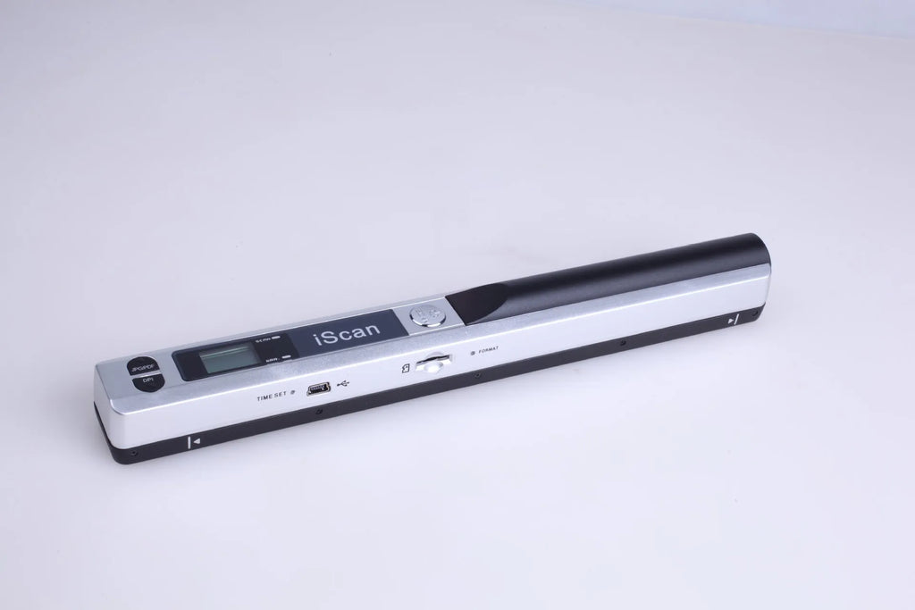 Handheld plastic scanner in multiple colours including black, blue, green, red, and silver with a USB cable.