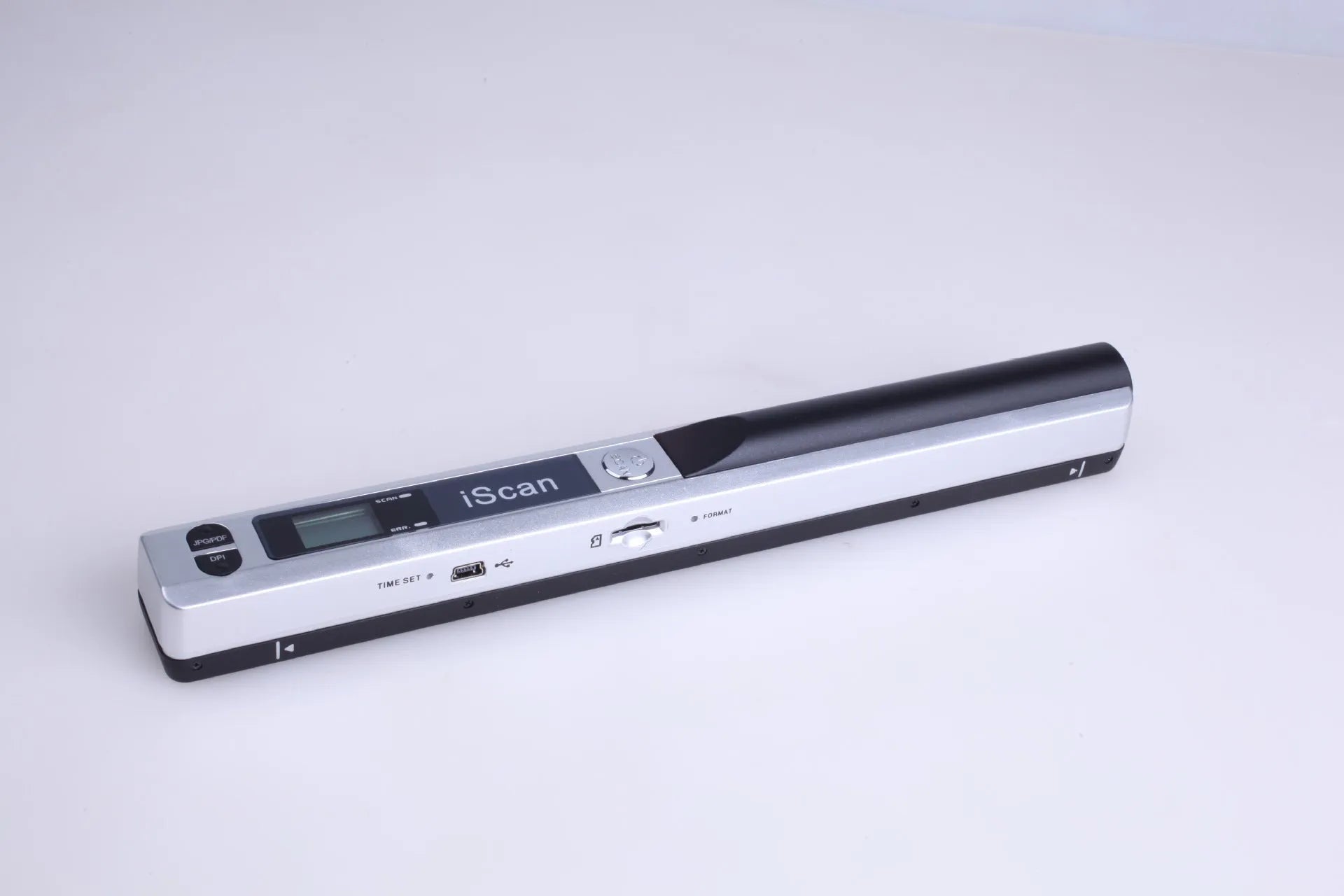 Handheld plastic scanner in multiple colours including black, blue, green, red, and silver with a USB cable.