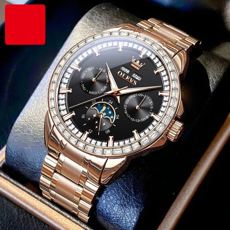 Men's automatic mechanical watch with diamond markers on stainless steel band